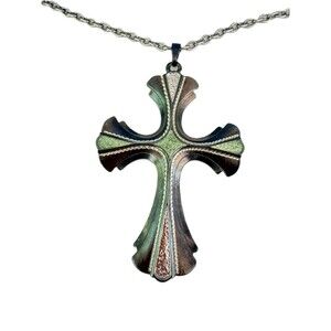 Large Ornate Statement Cross Necklace with Green & Copper Inlay